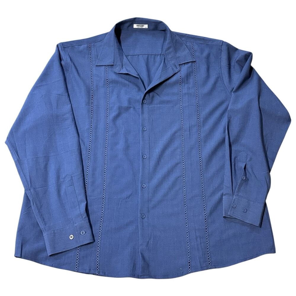 Indigo Blue Cuban Guayabera Shirt Men’s 2XL Tonal Panel Button Up Long Sleeve